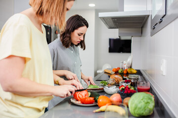 Two women preparing healthy food on the kitchen counter, diet and nutrition concept
