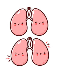 Cute healthy and sick sad funny human lungs organ character. Vector flat line cartoon kawaii character illustration icon. Isolated on white background. Lungs with face character mascot concept