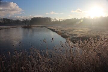 A frozen creek in open countryside with a forest edge in the distance.