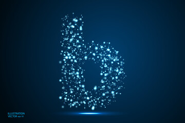 English letters abstract font consists 3d of triangles, lines, dots and connections. On a dark blue background cosmic universe stars, meteorites, galaxies. Vector illustration EPS 10.