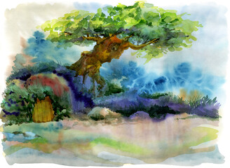 Watercolor illustration of a fairy forest .Secret entrance to an underground castle. Old tree in a sunny meadow.