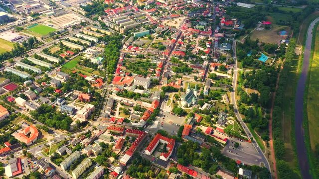 Landscape of the old town from the air with the visible. View on historic buildings on the market. Lowicz, Poland Aerial