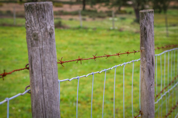 Rural background with a fence and wire in the fields