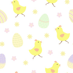 Easter holiday symbol colorful decorated eggs in pastel tones, chicken, flowers seamless pattern, flat style vector illustration for spring festive time decor, cards, gift paper, banners, web design