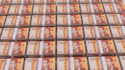100 dirham . Moroccan dirhams bills stacks background. 3D illustration.