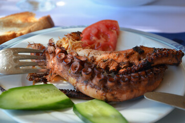 Baked octopus on the plate. Served with tomato and cucumber.