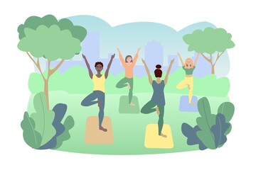 Obraz na płótnie Canvas Outdoor yoga in city park Four young woman do exercises Vector illustration