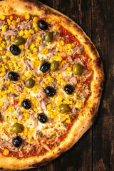 Tasty Pizza on Wooden Boards. Top Down Overhead View. Menu Brochure Layout Design.