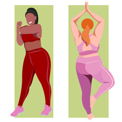 Naklejka na ściany i meble vector flat illustration on the topic of body positive. cheerful active girls plus size of natural beauty in a sports uniform - leggings and a sports bra. illustration isolated. colors can be changed.