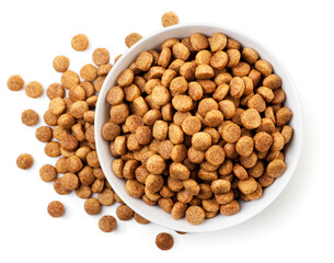 Dry pet food in a plate on a white background, isolated. Top view