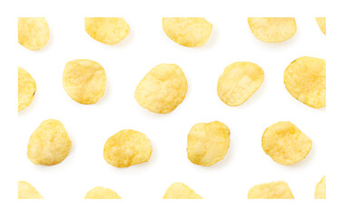 Potato chips pattern on a white background, isolated. Top view