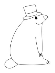 Happy Groundhog Day coloring page for kids stock vector illustration. Childish funny cartoon animal with top hat black outline isolated on white.Traditional event mascot coloring page. One of a series