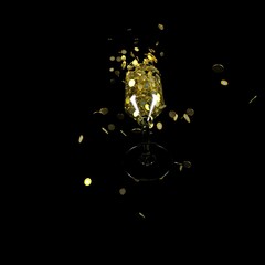 A glass with gold bimetallic coins on a black background.