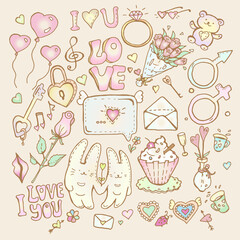 Set with cartoon-style icons for St Valentine's Day or for the wedding. I Love You. Music in the air.