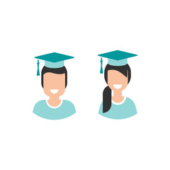 cute smiling man and woman with mortar board cap on head. girl and guy.