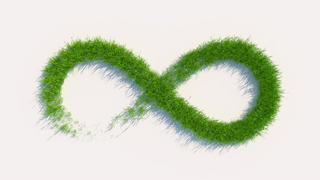 The infinity sign is made of green grass. Come and go, fresh leaves on a light background, contain an alpha channel.