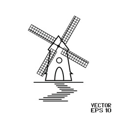 Obraz premium Black and White Windmill with Blades Isolated on White Background. Silhouette of Rural Tower. Vector Illustration