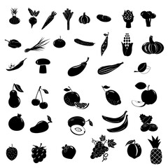 Set of icons with different fruits. Vector monochrome illustration. For logos, cafes, menus, restaurants and various designs.
