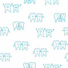 Tooth Pairs Dental seamless repeat pattern with doodle tooth teeth silhouettes in blue and white. Vector illustration