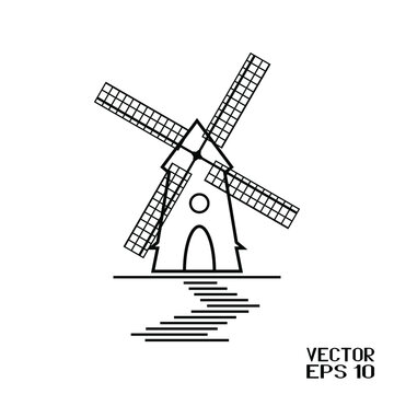Black and White Windmill with Blades Isolated on White Background. Silhouette of Rural Tower. Vector Illustration