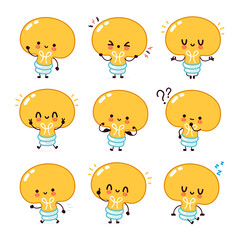 Cute funny light bulb, lamp character set collection. Vector flat line cartoon kawaii character illustration icon. Isolated on white background. Lightbulb with face character mascot concept