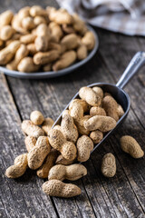 Fototapeta na wymiar Roasted peanuts. Tasty groundnuts in metal scoop.