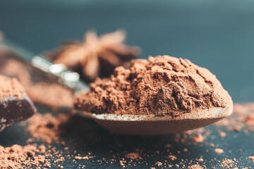 Brown cocoa powder in the spoon on dark background, close-up view