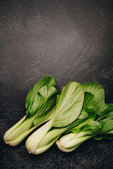 Pak Choi, pok choi, bok choy, fresh green Chinese cabbage on dark background. Healthy lifestyle theme