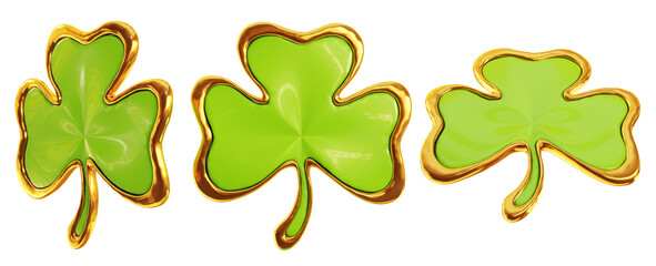 St. Patrick's Day. Set of golden shamrock symbol isolated on white background with clipping path. 3d Illustration.