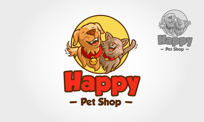 Happy Pets Shop Vector Logo Template. Cartoon Happy Dog and Cat Mascot Design.