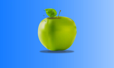Green apple with leaf and water drops
