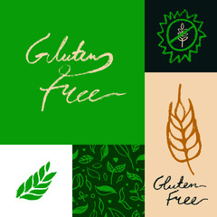 Gluten free icon vector, hand-drawn lettering gluten-free logo, handwritten text vegan gluten badge. Rye image and cereal symbol. Healthy food label set, organic food packaging, healthy eating banner.