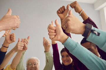 Well done. Group of happy smiling diverse people raising hands and giving thumbs-up, celebrating...