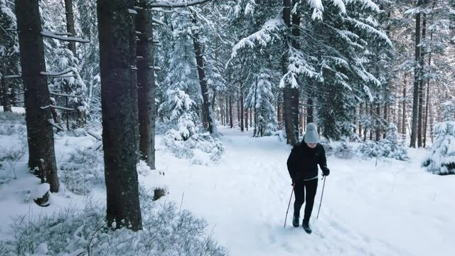 Young woman walking with skiis on snowy winter day. Cross-country skiing. High quality 4k footage