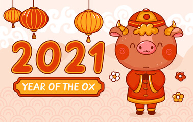 Chinese new year 2021 year of the ox. Vector kawaii cartoon line character illustration banner. New Year 2021, bull, ox concept