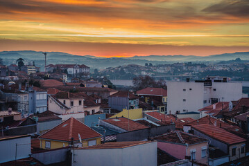 Morning cityscape of Porto, view with Vila Nova de Gaia city on background, Portugal