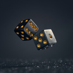 Two black dice are falling on a dark gray background. - obrazy, fototapety, plakaty