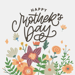 Elegant greeting card design with stylish text Mother's Day on colorful flowers decorated background.