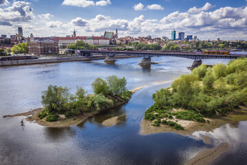 Drone photo of Slasko Dabrowski bridge over Vistula River in Warsaw, Poland
