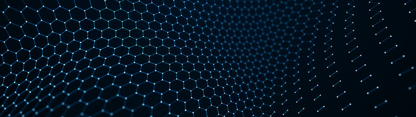 Abstract blue background of points and lines. Corrupted hexagon cyber structure. Big data stream. 3d rendering