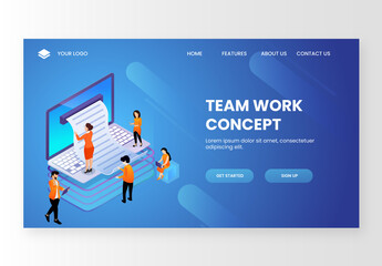 Teamwork Concept Based Landing Page Design with Business People Maintain Online Report in Laptop at Workplace