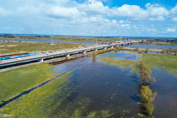Motorway crossing the flooded river meadows