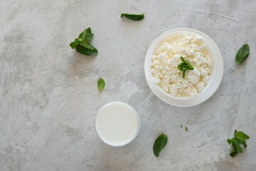 Russian cottage cheese and milk on a light background top view