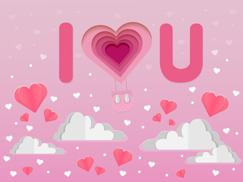 Valentine's day card. Heart shaped balloon flying in the clouds on a pink background. Cut paper effect