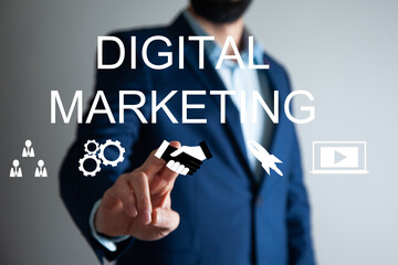 Businessman selecting digital marketing icon.