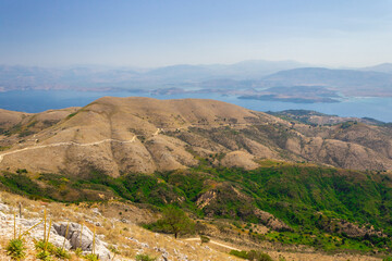 Panoramic view from the top of Mount Pantokrator, the highest mountain of Corfu. Greece. Albania is visible on the other side of the strait.
