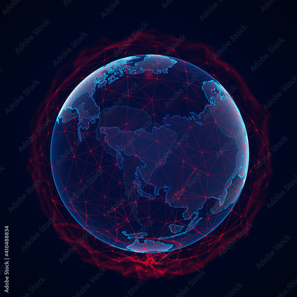 Poster global network connection. blue futuristic world map. concept of planet earth. 3d rendering.