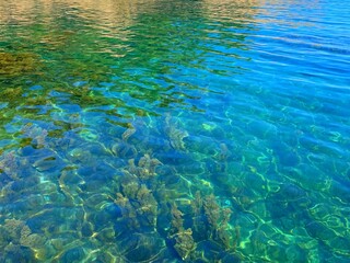 Turquoise emerald sea glittering shiny water surface, summer tropical ocean dream.