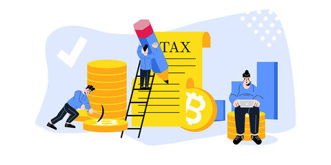 Cryptocurrency taxation concept. Paying taxes on bitcoin. Tax form, paperwork. People Filling tax form and Submit Digital tax via Website. Taxpayer Character Cartoon Vector illustration.