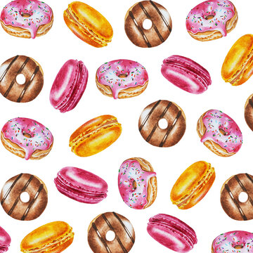 Pattern of colorful  donuts and macaroons. Sweet desserts. Watercolor. Hand drawn. Design idea for menu, logo, postcard, prints, textile and much more.